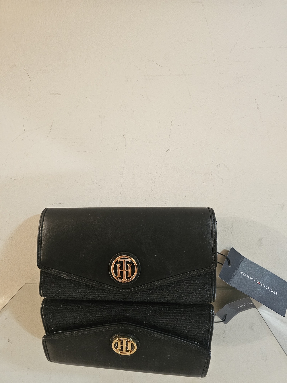Tommy Hilfiger Black Clutch with Gold Logo Emblem